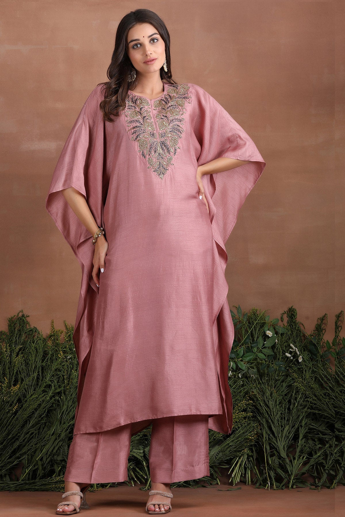 Buy Pink Hand Embroidered Kaftan Set by Poppy Flower for women online at ScrollnShops